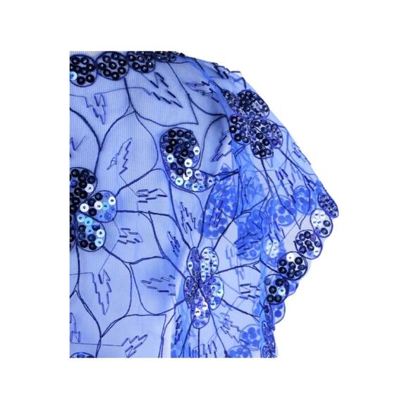 Cobalt Blue Mesh Caped Floral Print Top with Sequins And Beading - One Size - Picture 3 of 9